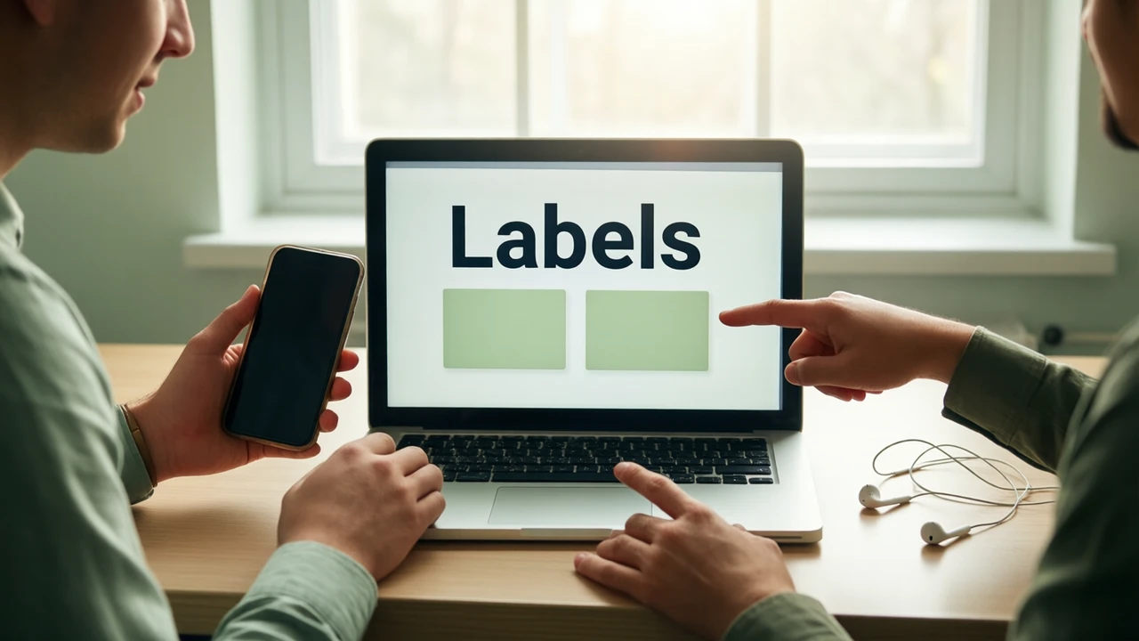 Two colleagues at a shared desk in a small bright office, one holding a phone up beside a laptop while the other points at the laptop screen, which shows the large dark word "Labels" above two plain pale green cards placed side by side, a window with morning light behind them.