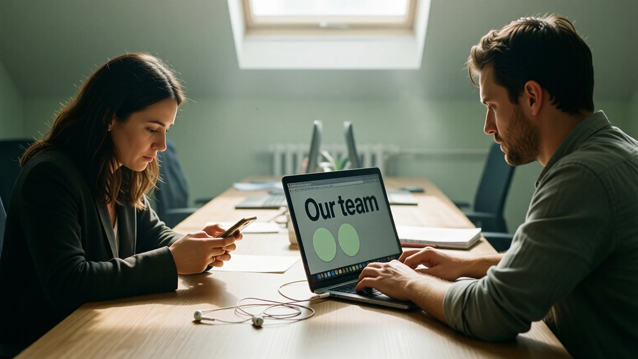 A woman and a man at one long desk in a quiet co-working room, the woman scrolling a phone and the man typing on a laptop whose screen shows the large dark words "Our team" above two round pale green markers, both concentrating, soft daylight from a skylight above.