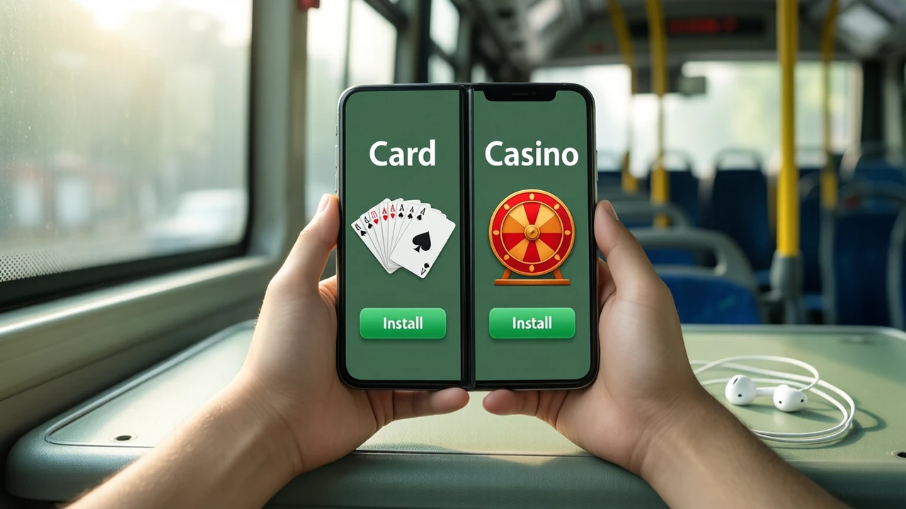 A young man on a bus seat holding a phone in both hands, the phone screen split into two tall cards side by side, the left card showing a fan of playing cards under the large white word "Card" and the right card showing a red and amber wheel under the large white word "Casino", one wide green button reading "Install" under each card, soft morning light through the bus window.