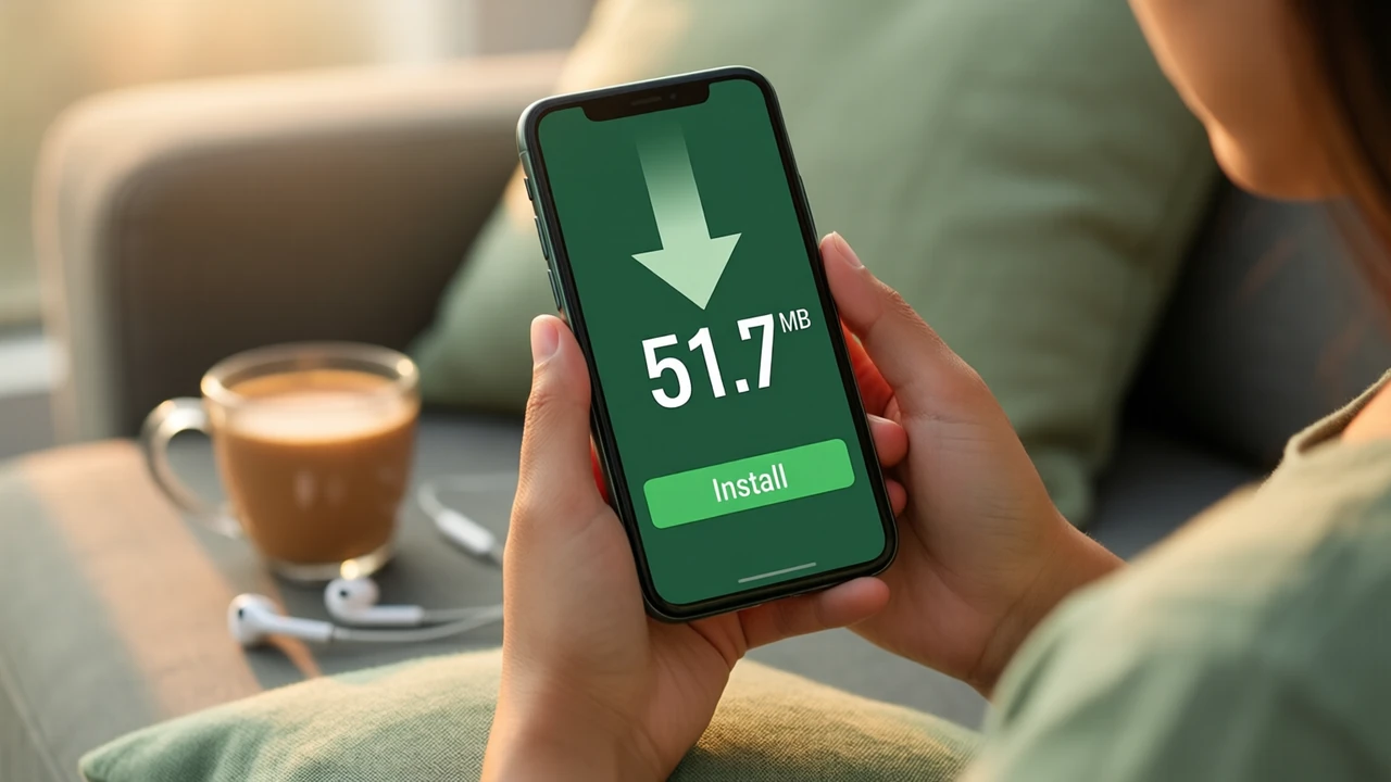 A woman sitting on a sofa holding a phone close, the phone screen showing a large downward arrow above the big white figure "51.7 MB" and one wide green button reading "Install" on a plain dark green screen, a cushion and a cup of chai blurred behind her in warm evening light.