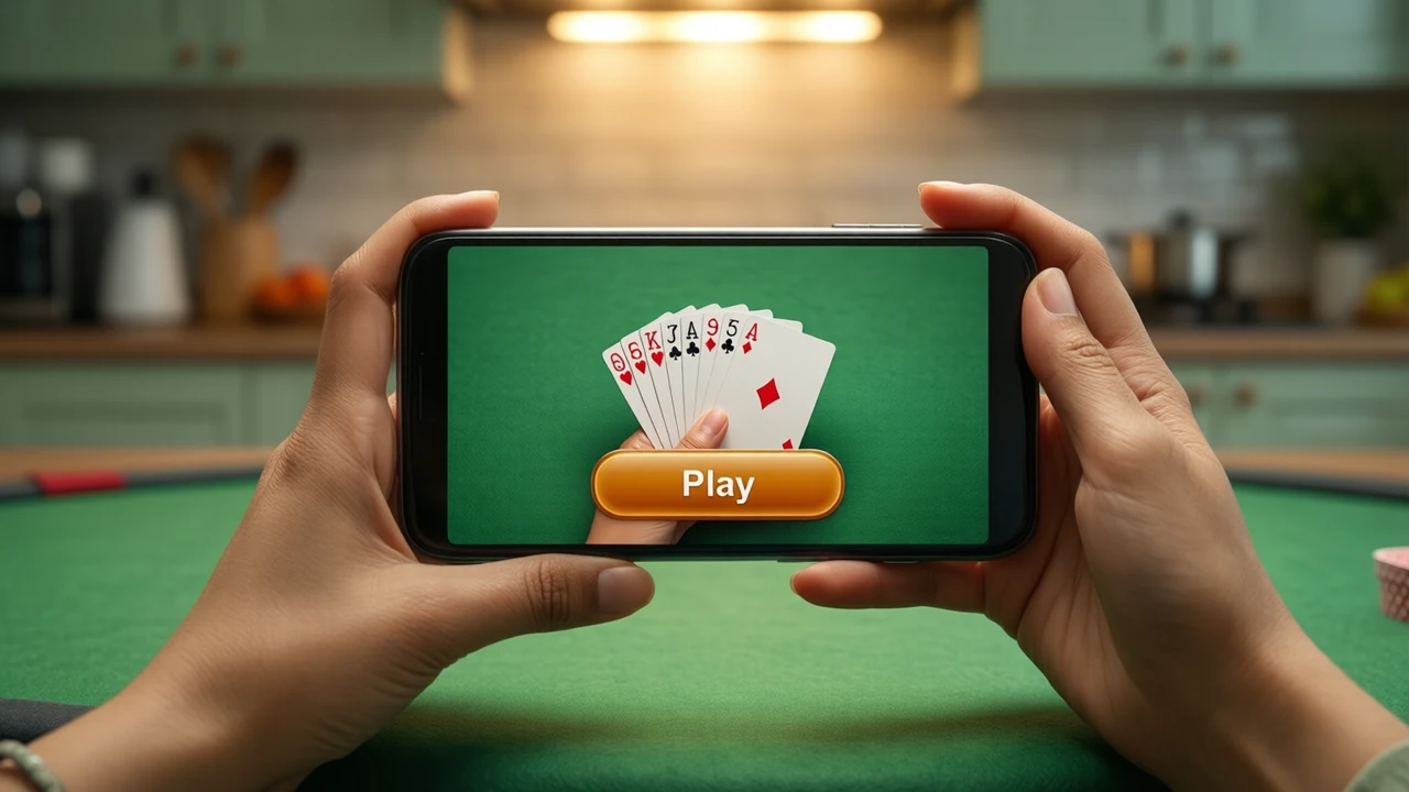 A woman in her thirties alone at a kitchen table, the only person in the room, holding a phone sideways, the phone screen showing a green felt card table with a fanned hand of seven plain playing cards and one wide amber button reading "Play", warm overhead kitchen light.