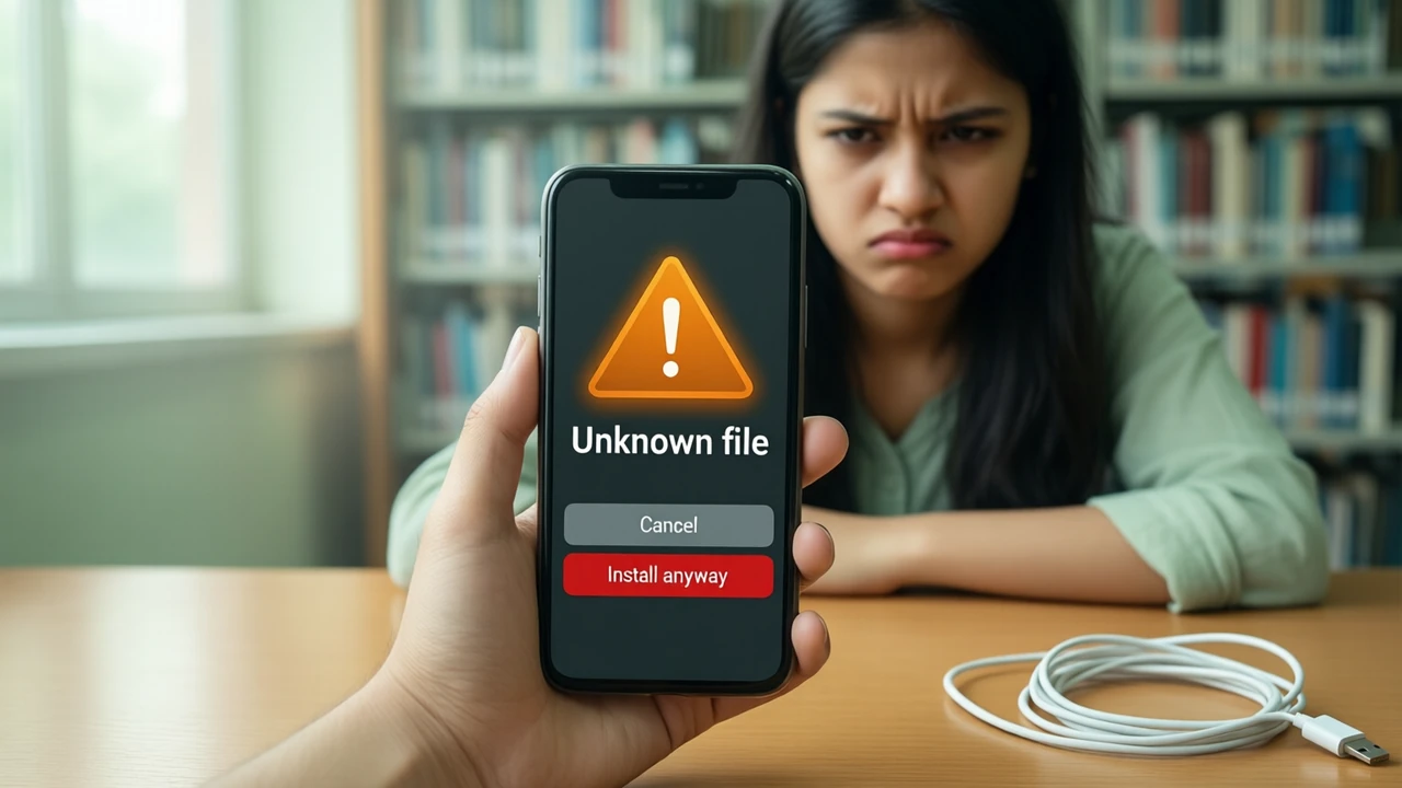 A young woman at a college library desk frowning at a phone in her hand, the phone screen showing a large amber warning triangle above the big white words "Unknown file" and two wide buttons below, a grey one reading "Cancel" and a red one reading "Install anyway", bookshelves softly blurred behind her.