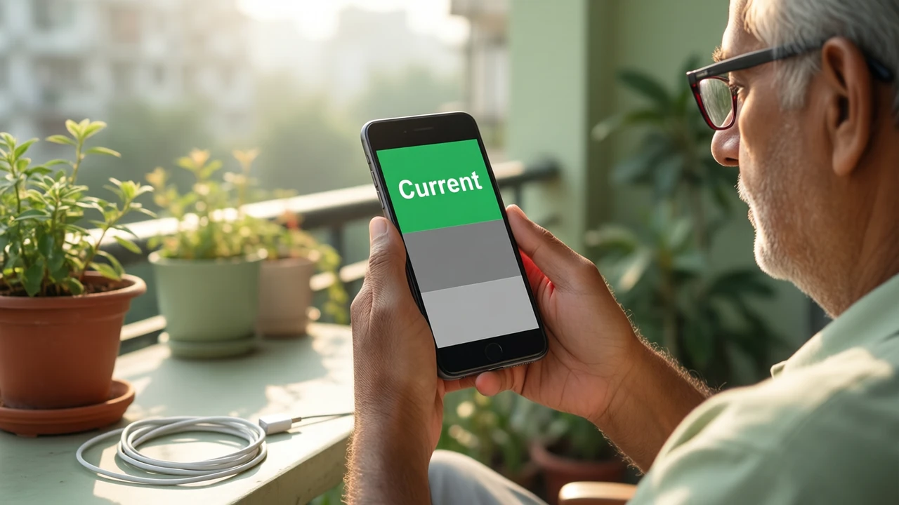 An older man in reading spectacles sitting on a balcony chair, holding a phone at arm's length, the phone screen showing a short vertical list of three version rows with the top row highlighted in green and the large white word "Current" beside it, the lower two rows greyed out, potted plants and late afternoon sun around him.