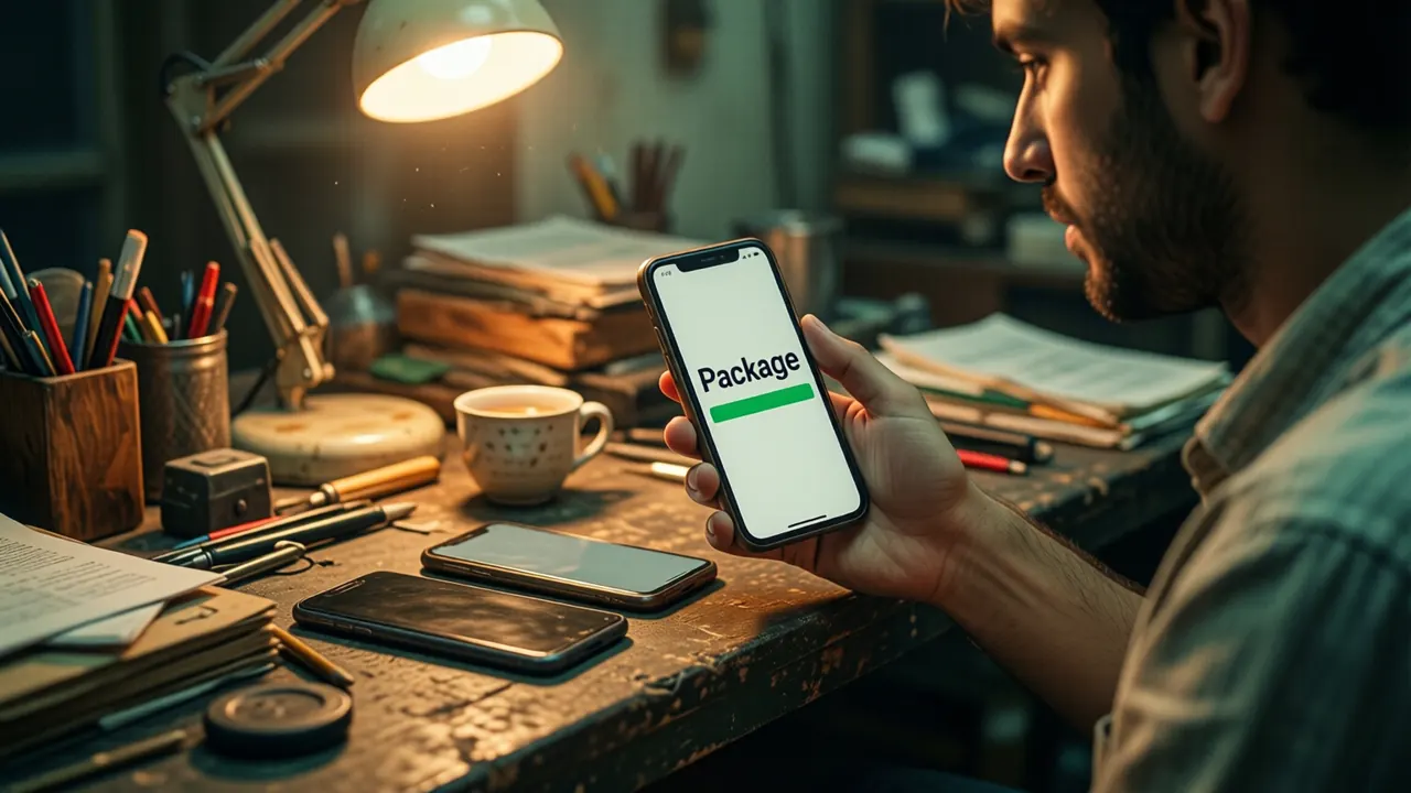 A man in his late twenties at a cluttered workbench with two phones laid flat in front of him, holding a third phone up to compare, its screen showing the large dark word "Package" above one thin green bar, a desk lamp throwing a warm circle of light over the bench at night.