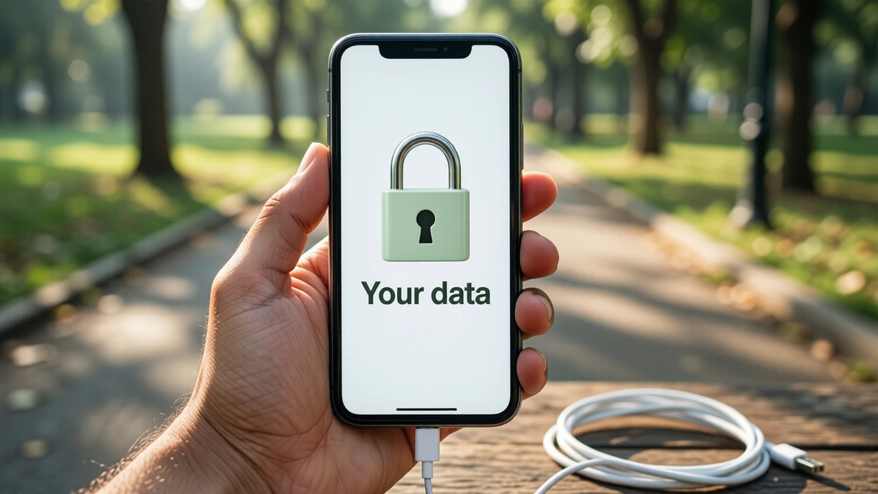 A phone resting in an open palm, the phone screen showing a large pale green padlock above the big dark words "Your data" on a plain white screen, a sunlit park path softly blurred behind the hand.