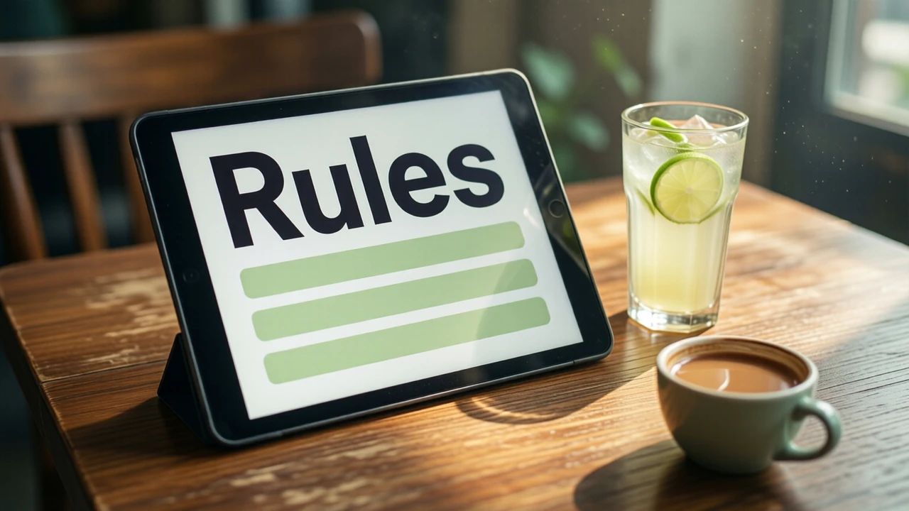 A tablet lying on a wooden café table beside a glass of lime soda, the tablet screen showing the large dark word "Rules" at the top and three short thick pale green bars below it on a white screen, afternoon light on the table.